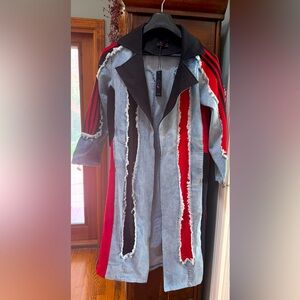 NWT  LIL GLAM Hungarian Unusual  Long Denim & More Blue Red & Black Coat Size L